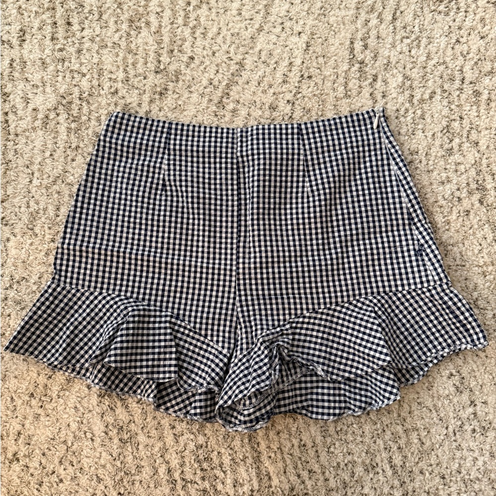 Zara Blue and White Checkered Ruffle Shorts